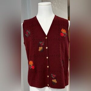 Vintage Croft & Barrows Burgundy Sweater Fall Vest w/ Plaid Embroidery
